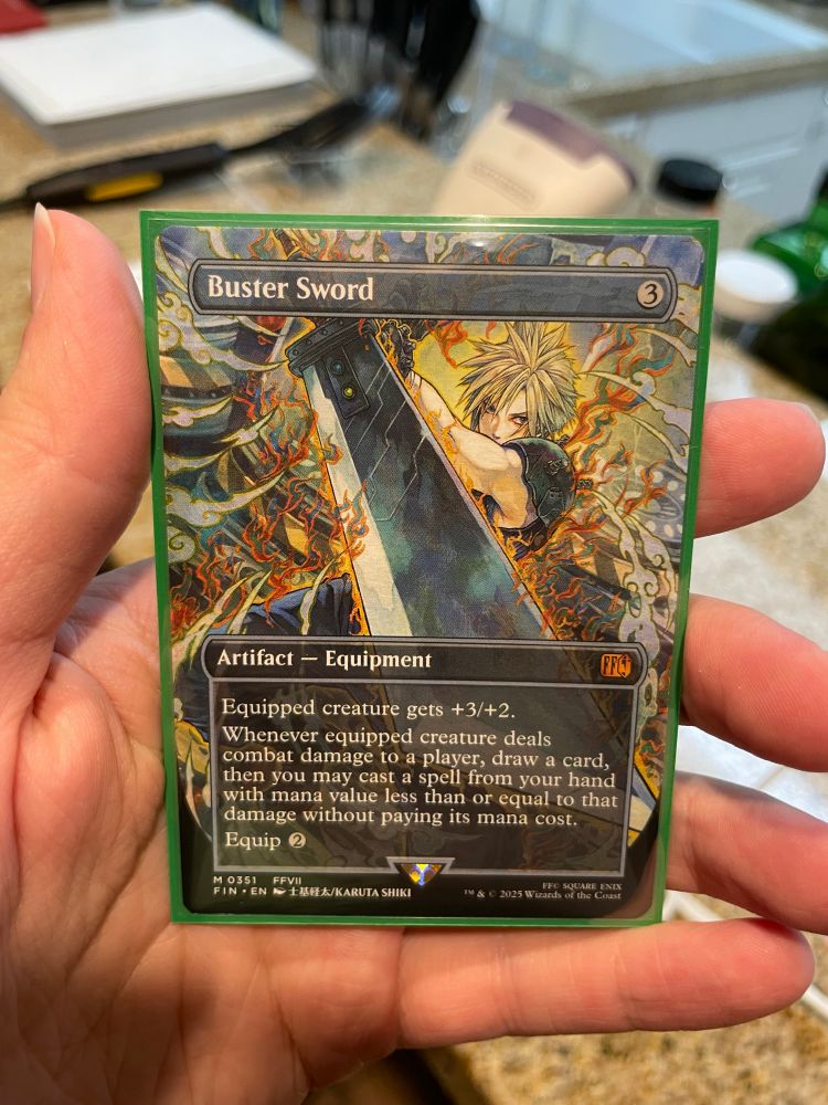 Magic the Gathering x Final Fantasy card of Buster Sword, featuring artwork of Cloud Strife posing with the iconic sword.
