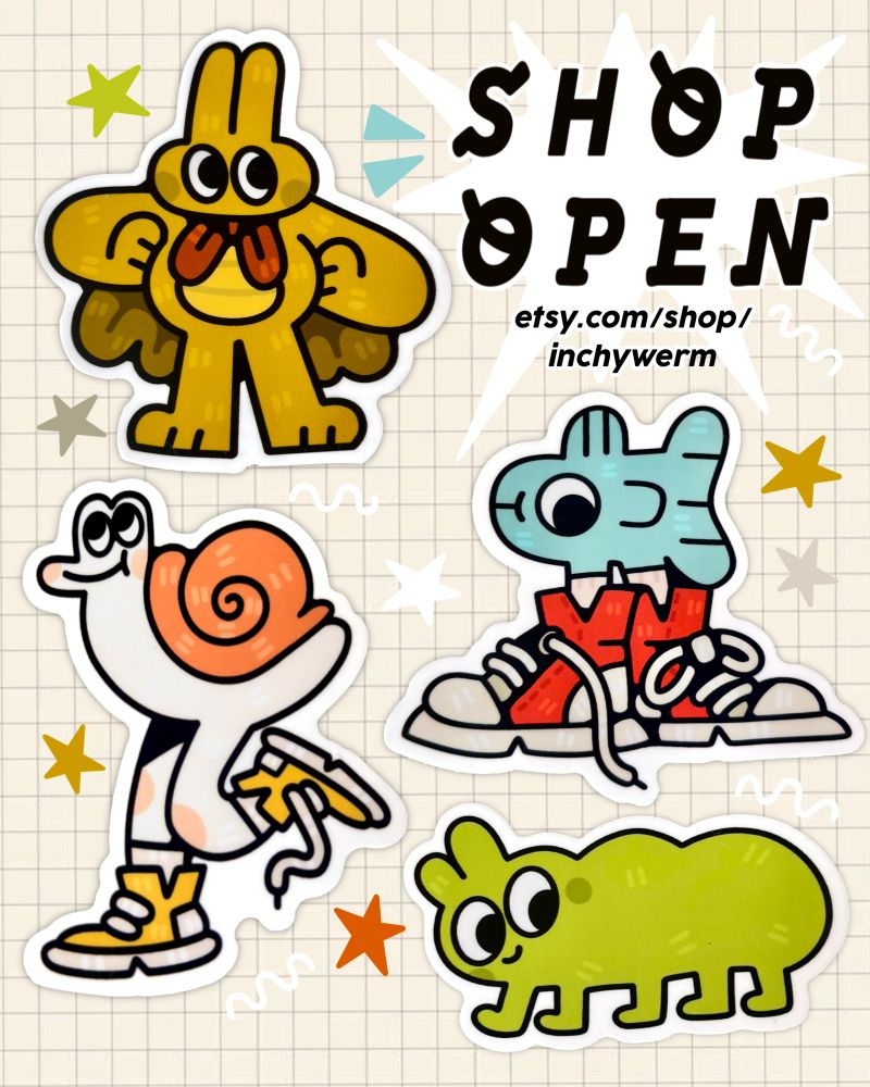 shop flyer including images of the 4 cute vinyl stickers available