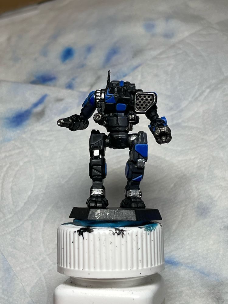 Orion ON1-K mech from BattleTech in black, blue, and exposed metals color scheme. 