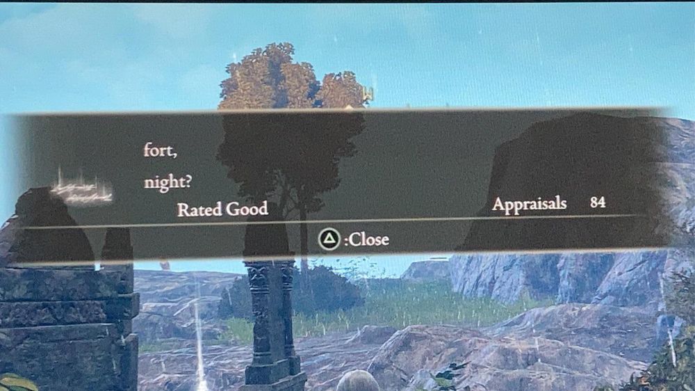 Elden Ring message with 84 appraisals. It reads "fort, night?"
