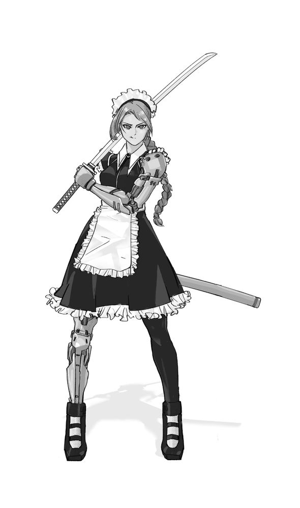 A woman with a braid, a robotic prosthetic left arm, and a similar cybernetic right leg strikes a pose. She's wearing a classic, non-sexualized apron and dress maid outfit, cut off at the shoulder for her cybernetic shoulder's attachment point and with a stocking only over the flesh-and-bone left leg. Her cybernetic arm crosses her body and holds a katana; her right arm holds the sheath behind her.
