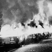 Burning police cars during the White Night riots. Gay leaders’ refusal to back down under pressure helped them win significant political power.