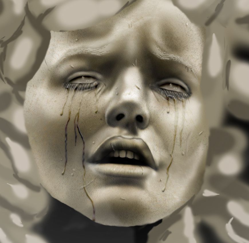 Close up of a drawing that will be Medusa, desaturated brown tones. A face with formless snakes around it, mouth open and tears streaming down the face