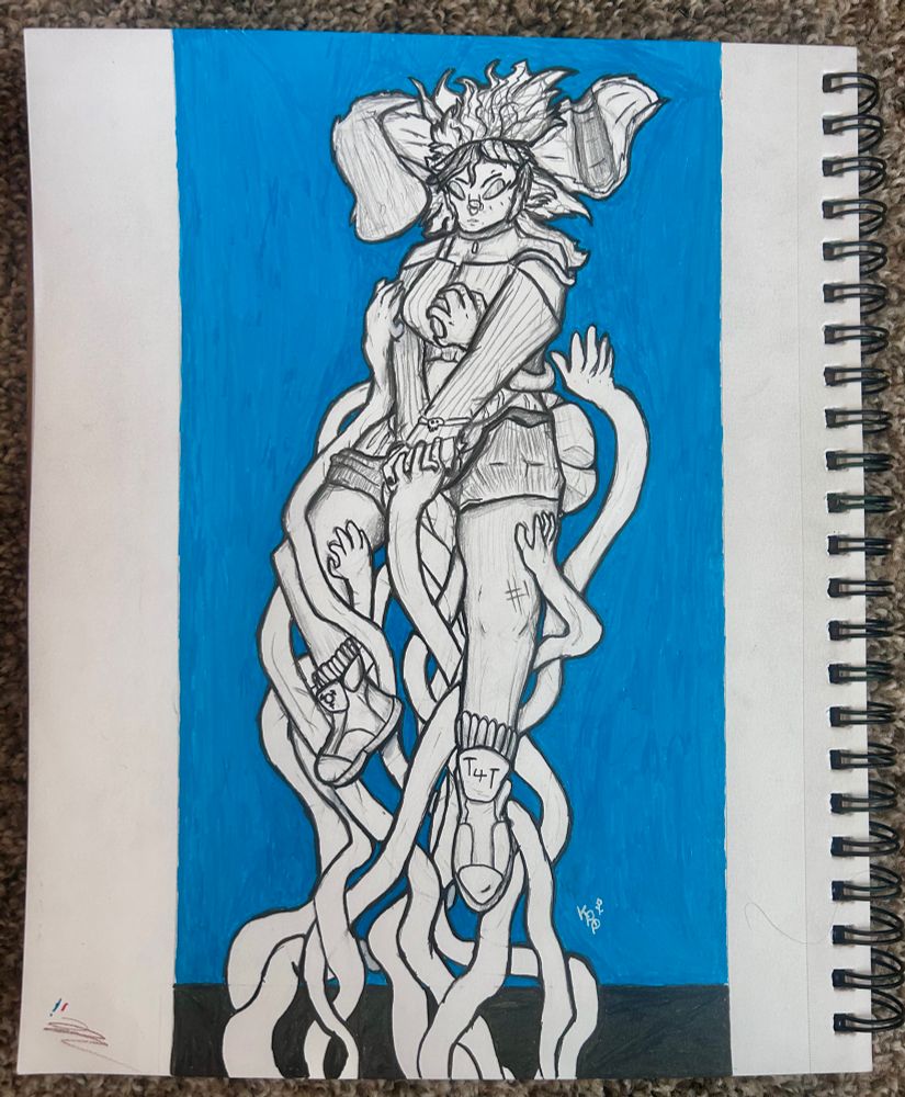 Bunny girl furry illustration. She is lifted by a throne of coiling arms, curiously grasping at her. The illustration is black and white, with a large blue rectangle as the background.