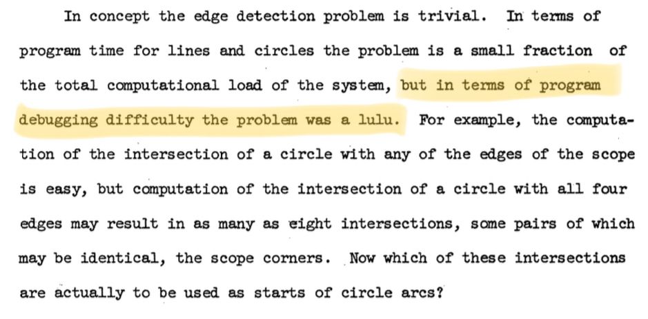 In concept the edge detection problem is trivial. In terms of program time for lines and circles the problem is a small fraction of the total computational load of the system, but in terms of program debugging difficulty the problem was a lulu. For example, the computation of the intersection of a circle with any of the edges of the scope is easy, but computation of the intersection of a circle with all four edges may result in as many as eight intersections, same pairs of which maybe identical, the scope corners. Now which of these intersections are actually to be used as starts of circle arcs?