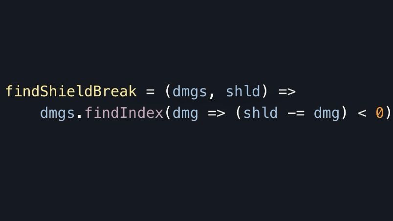 findShieldBreak = (dmgs, shld) => 
    dmgs.findIndex(dmg => (shld -= dmg) < 0)