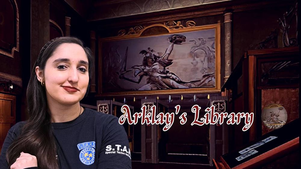 Chamada do blog Arklay's Library. Ao lado do nome do blog, estou eu, a dona do blog. Sou uma mulher branca de cabelos longos castanhos vestindo uma camiseta dos STARS. Ao fundo, a biblioteca da delegacia de Raccoon City.
