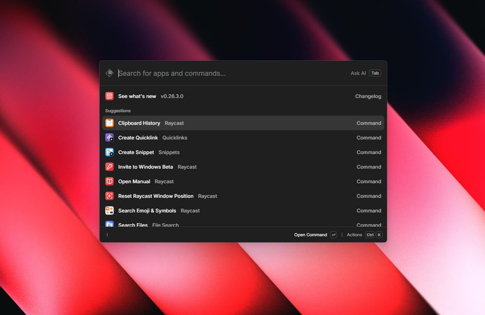 A screenshot of the Raycast beta application running on Windows.