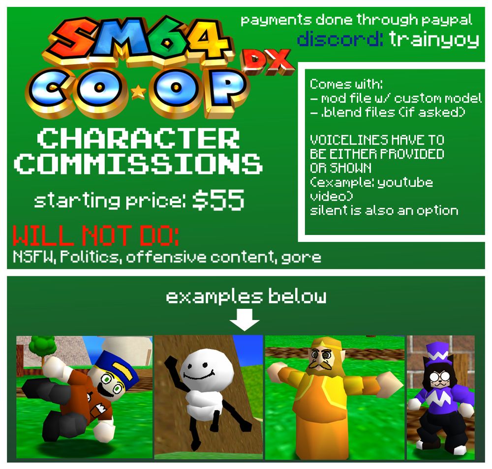 a commission sheet for SM64 Coop DX character mods. starting price is $55. contact thru discord: trainyoy