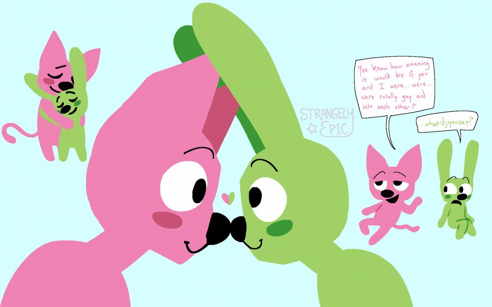 An art page featuring a collection of drawings of the characters Hoops and Yoyo from Hallmark. The drawing on the left depicts the two characters hugging with their eyes closed, looking happy. The middle drawing depicts the two characters looking into each others eyes cutely with their noses touching, with a heart between their heads. The drawing on the right depicts the two characters sitting next to each other, talking. Hoops, with his hand raised casually, is saying "You know how amazing it would be if you and I were... were... were totally gay and into each other?". Yoyo, sitting to the right of Hoops, is looking at Hoops in disbelief, replying "...what'djyousay?" (or: "what did you say?" but spoken quickly). Both of those quotes are taken from a clip of the show Impractical Jokers.