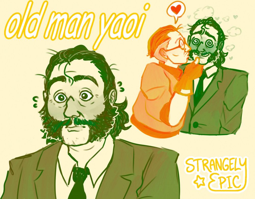 Gay ship fanart for the game Disco Elysium featuring Harry and Kim. On the left, Harry is pictured with his eyebrows raised and flushed cheeks, looking mildly flustered. On the right, Kim is shown tenderly grabbing Harry by the chin, giving him a kiss on the cheek. Harry has cartoony spiral eyes and a goofy smile on his blushing face, and kim has a speech bubble above his head with a heart in it. On the top left of the image, there is text in comic sans that says "old man yaoi".