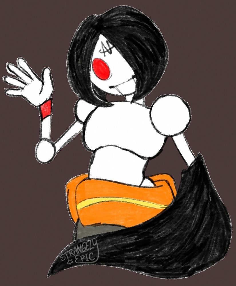 Art of Ichi No Myou from Pop'n Music. She is pictured from the hips up, her head tilted slightly while she waves towards the viewer. Her other hand is obscured by a long sleeve.