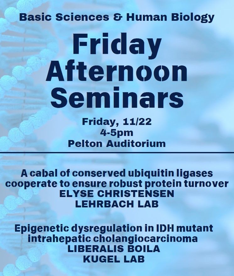 Friday Afternoon Seminars (FAS), this Friday 11/22 at 4pm in Pelton. 

Elyse Christensen, Lehrbach Lab
A cabal of conserved ubiquitin ligases cooperate to ensure robust protein turnover

Liberalis Boila, Kugel Lab
Epigenetic dysregulation in IDH mutant intrahepatic cholangiocarcinoma

