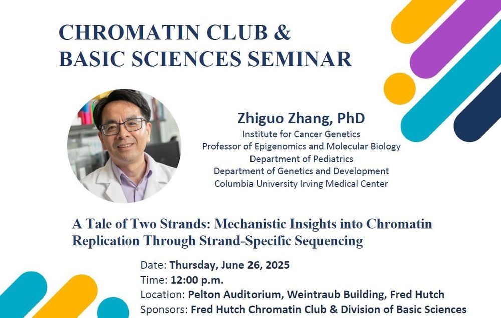 Zhiguo Zhang, PhD 
Institute for Cancer Genetics
Professor of Epigenomics and Molecular Biology 
Department of Pediatrics
Department of Genetics and Development
Columbia University Irving Medical Center
 
Title: “A Tale of Two Strands: Mechanistic Insights into Chromatin Replication Through Strand-Specific Sequencing”
 
12:00pm on Thursday, June 26, 2025
Pelton Auditorium, Weintraub Building, Fred Hutch