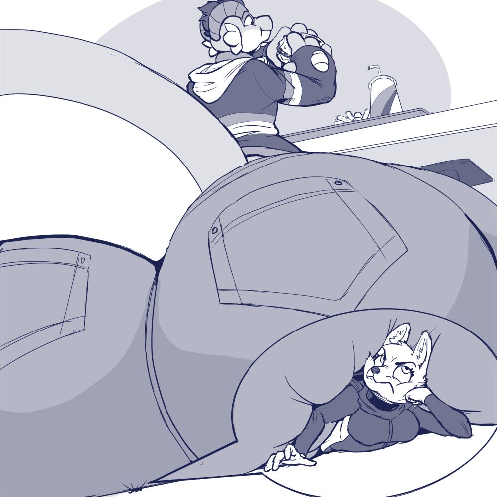 Squishi is sitting in a booth, enjoying his burger and munching away unaware. Underneath his massive butt is a shrunken Diane Foxington, looking very annoyed at being stuck.