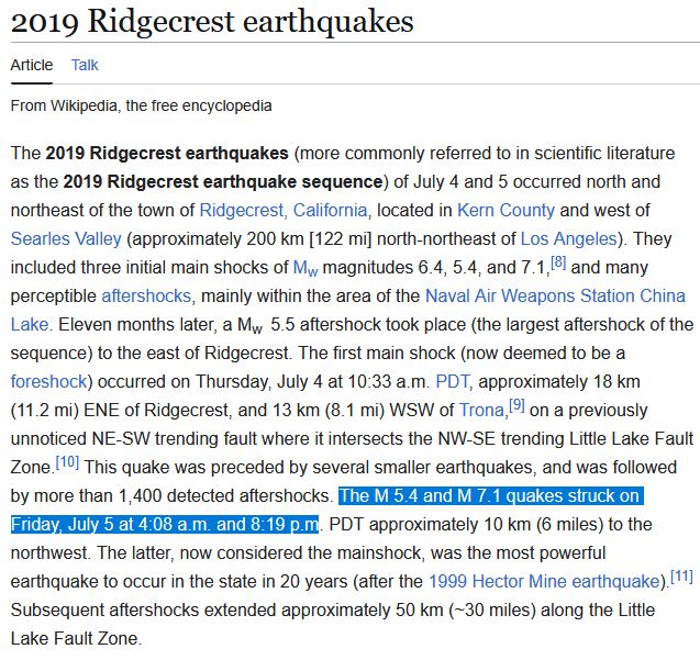 The 7.1 Ridgecrest earthquake of 2019 struck at 8:19 PM pacific on July 5