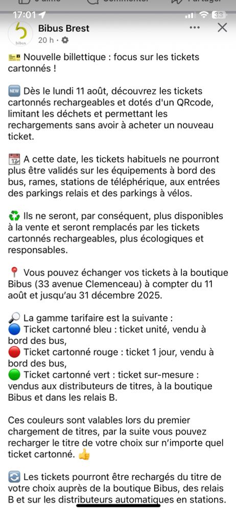 Capture écran d’un post Facebook de Bibus la société de transports en commun de Brest. C’est géré par la Ratp.