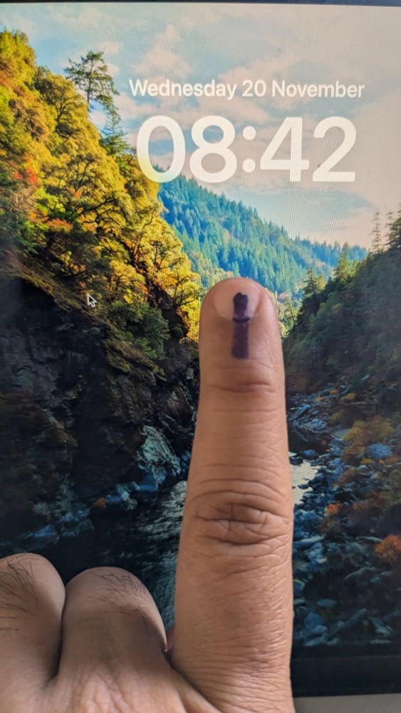 My left index finger marked by the purple-black indelible ink, manufactured by Mysore Paints & Varnish Ltd., as proof that I voted today (20 Nov 2024).