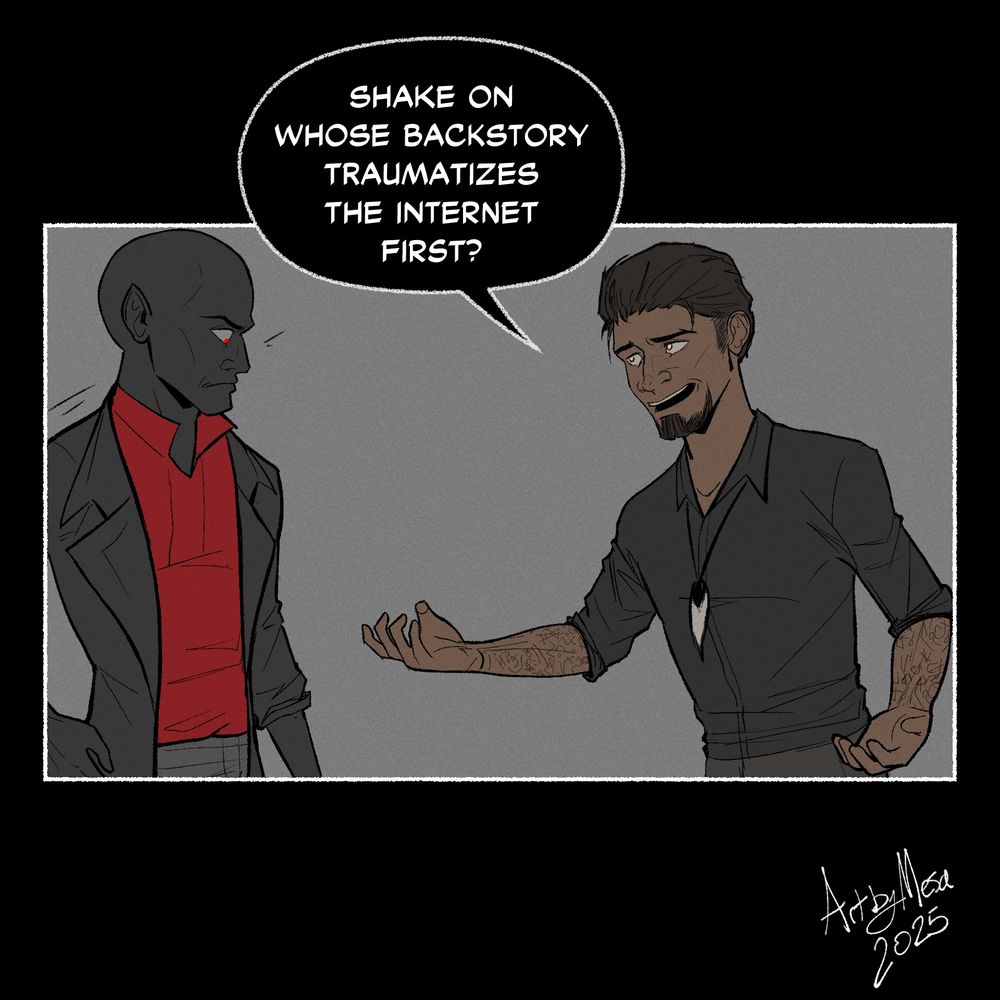 Panel 1: A cowboy (Sebastian) on the right reaches his hand out to Pravus, who has leaned away from him in surprise.

"Shake on whose backstory traumatizes the internet first?"