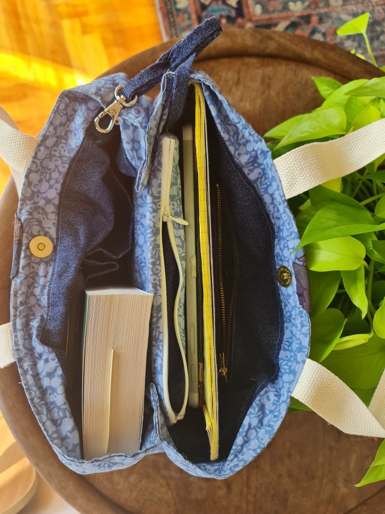 Interior of bag shows tablet, legal pad, chunky book, various compartments. Haberdashery: magnetic closures, brass and dress zippers, key ring, cotton strap. (not visible- plastic boning, fusible interfacing, foam interfacing)