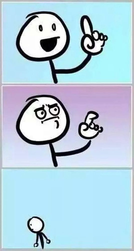 3-panels of a Stick figure. 1) on a light blue background, looking excited to speak up, with finger raised. 
2) on a pink background with a confounded face, & finger folding downward 
3) on a light blue background, turned & walking away. 