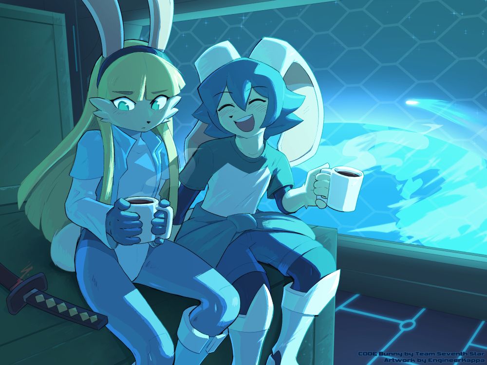 Hazel and Axel having a coffee break in the space station with a view of the planet below. Hazel is looking down at her sword while Axel is happily talking to her. The comet can be seen in the distance through the window.