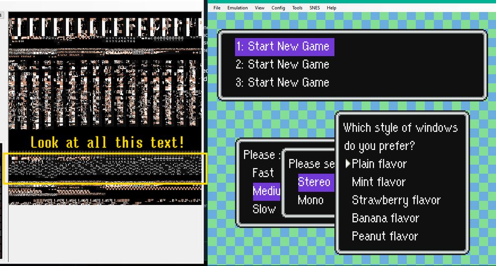 A similar screenshot of Earthbound, showing the layout of graphics memory when 4 separate submenus are open at once