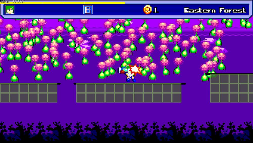 A screenshot of BUDD in an unfinished room. The screen is filled with spore enemies as eris takes damage. The debug overlay at the top is showing the game running at 10FPS.