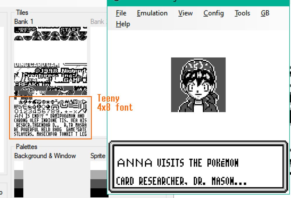 A screenshot showing graphics memory in Pokemon: The Trading Card Game, with a very small font highlighted