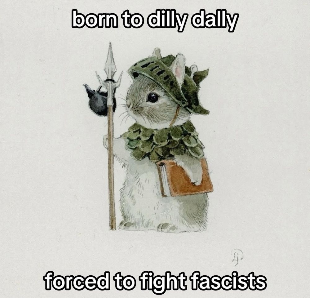 A cute rabbit donning armor with a spear. Text reads:"Born to dilly-dally; forced to fight fascists."