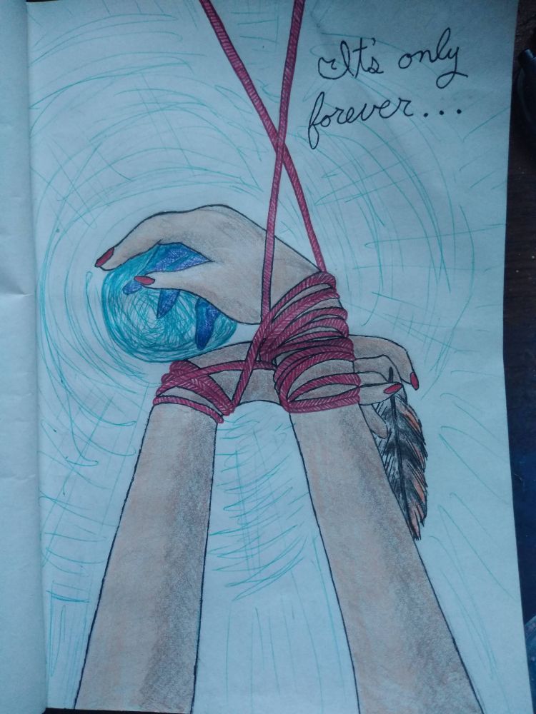 A drawing of hands bound by the red string of fate, one holding a blue crystal orb and the other holding an owl feather.