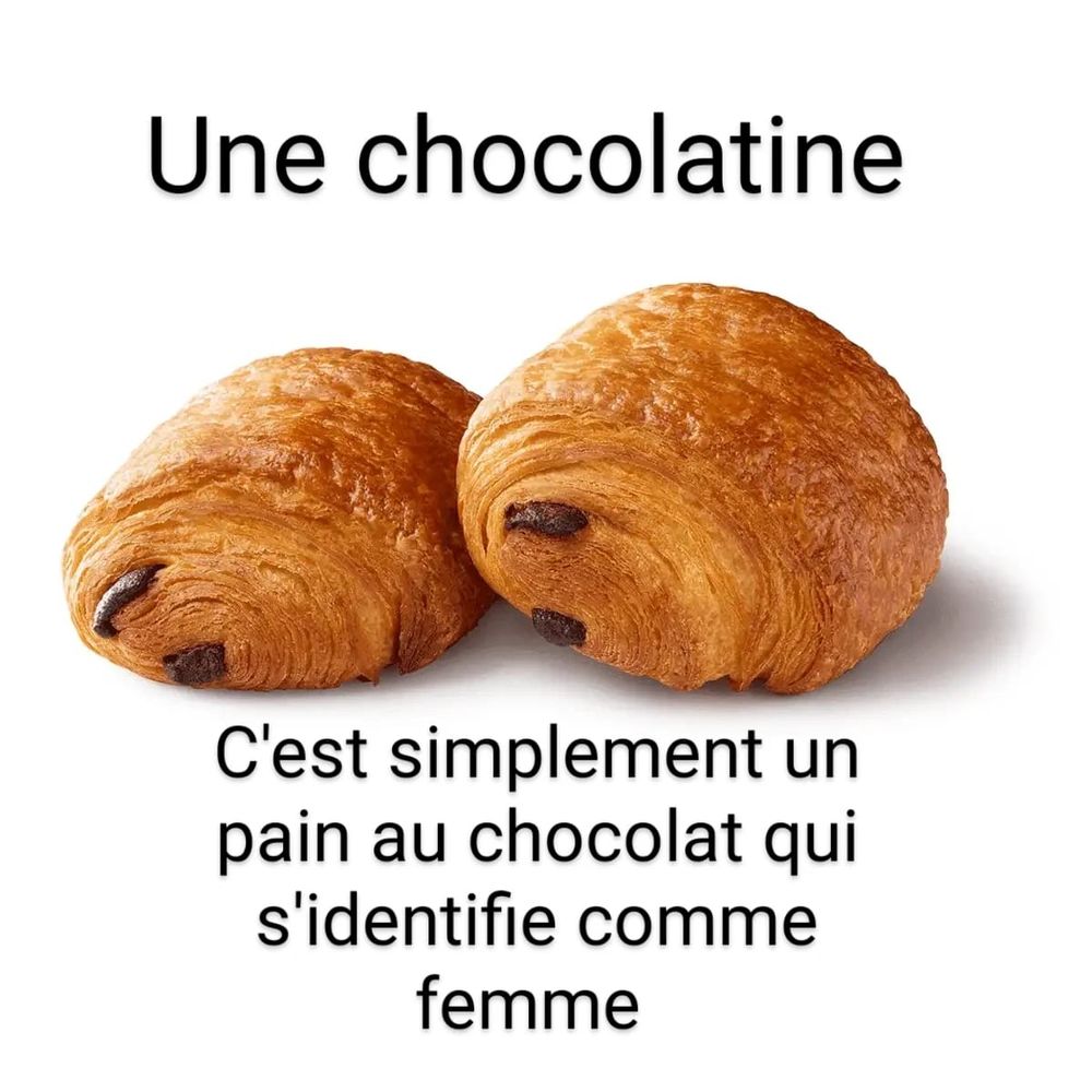 Une chocolatine, c'est un pain au chocolat qui s'identifie comme une femme.