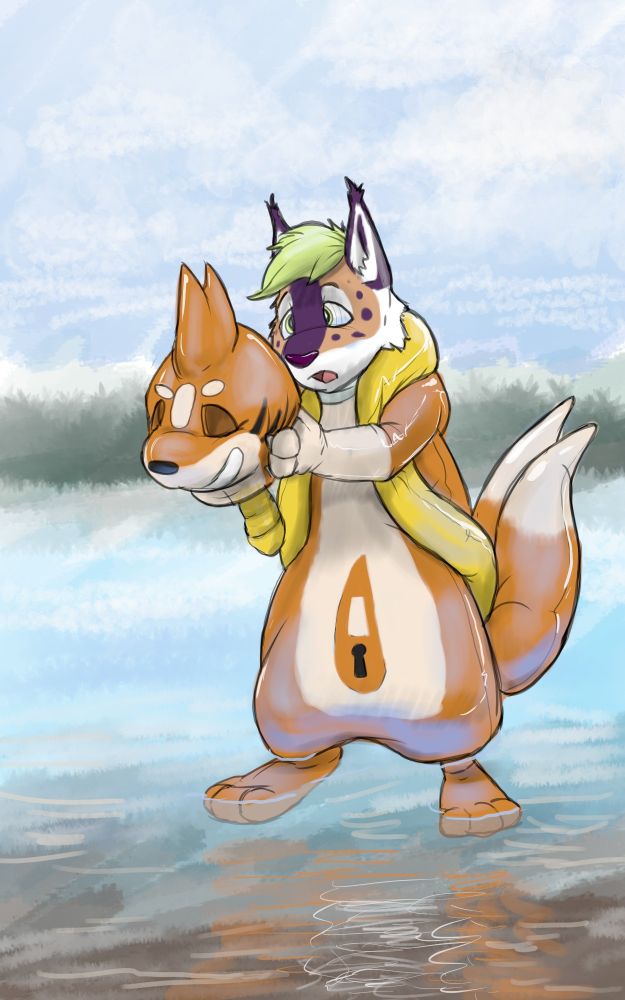 espen in a floatzel toysuit, about to put the head on, with a massive gag shown hanging out from inside of the head