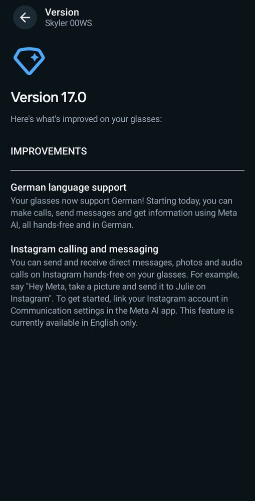 Screenshot of the Meta Ray Ban glasses update showing its new German capabilities 
