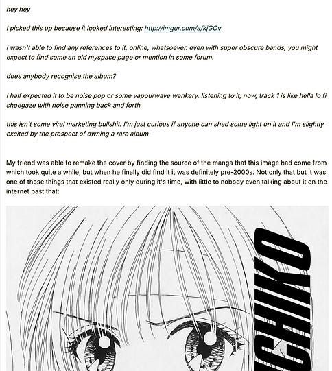 Screenshot of a 4chan post about an obscure record that someone was desperate to track down