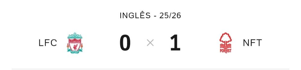 Placar do jogo Liverpool versus Nottingham Forest onde o nome está abreviado NFT