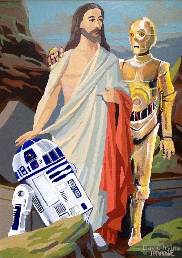 Picture of Jesus with C3PO and R2D2, drawing by David Irvine 