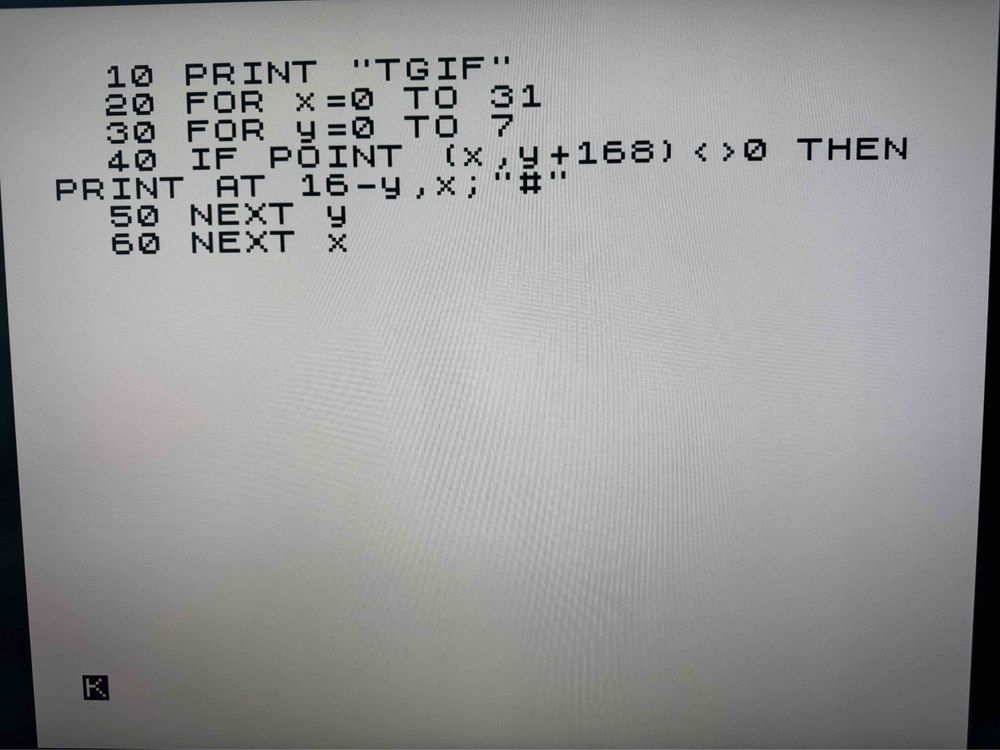 BASIC listing that looks at the state of a pixel and prints a bigger character 
