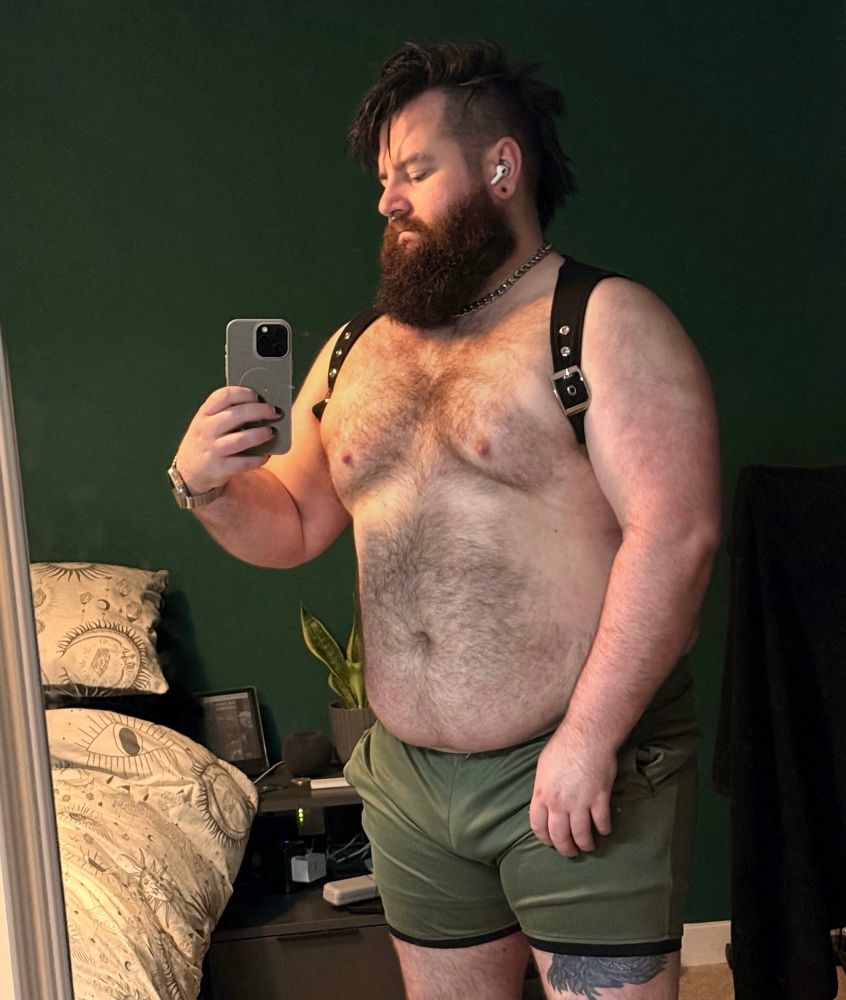 A person with a beard and wet hair poses in front of a mirror, wearing a harness and green shorts. The background features a dark green wall and a bed with patterned bedding. A plant and some items are visible on a nearby nightstand.