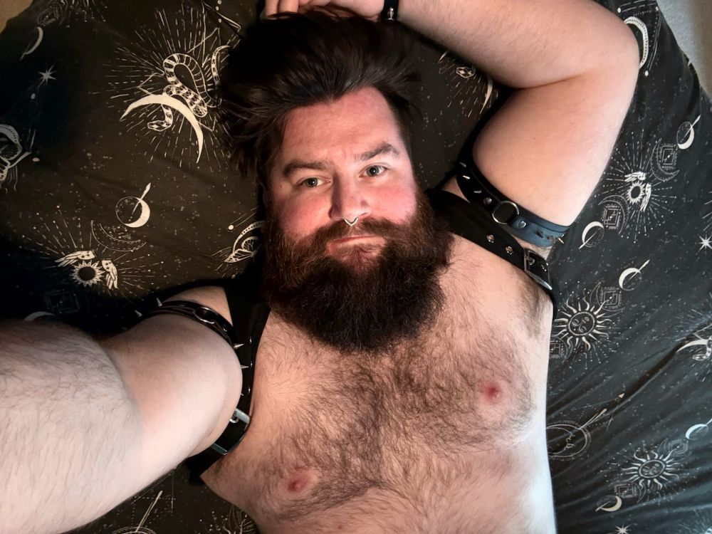 A person with a beard and septum piercing is lying on a patterned black bedspread, wearing a harness and arm bands. The image is taken from above, showing a relaxed pose.