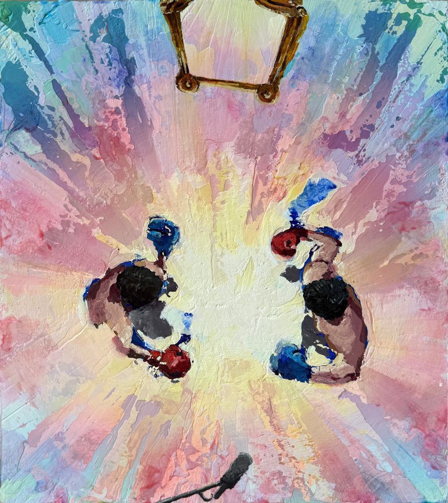 Two wading figures in boxing gloves are seen from above in confrontation in front of a mirror. A boom mic is in the shot.