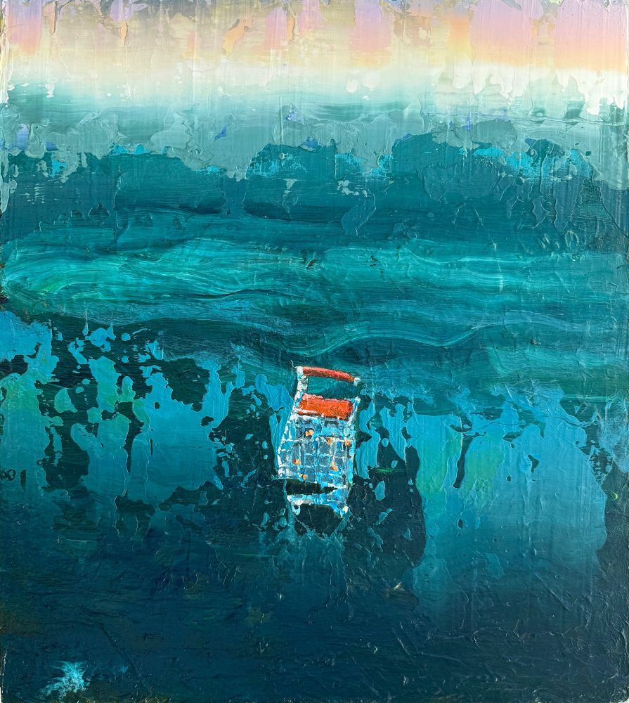 Twilight. Some kind of hybrid cross view of an underwater scene where a sinking shopping cart pretends it contains tiny fish