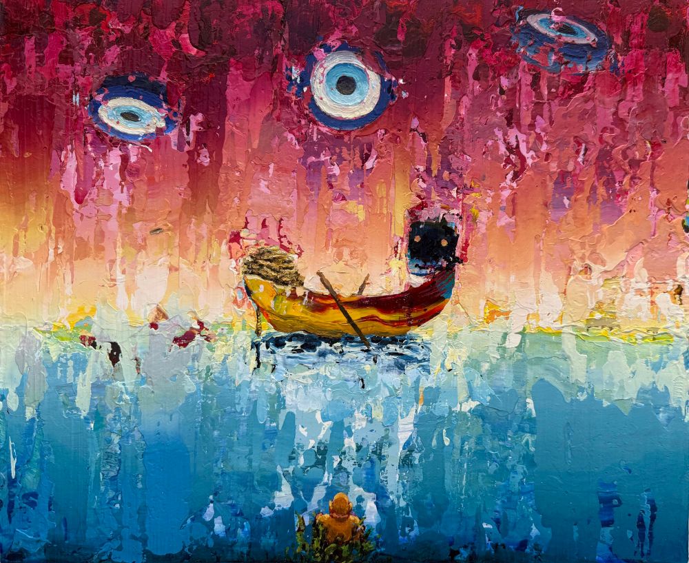 A vessel with a line overboard and a sort of figurehead is centered here with a trinity of nazar targets viewing the goings on while a small figurine sits either on a shore or under the body of water.