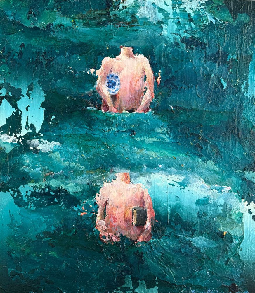 The headless trunks of two bodies stand hip deep in a large body of water. One with a Delft plate underarm and the other with a book.