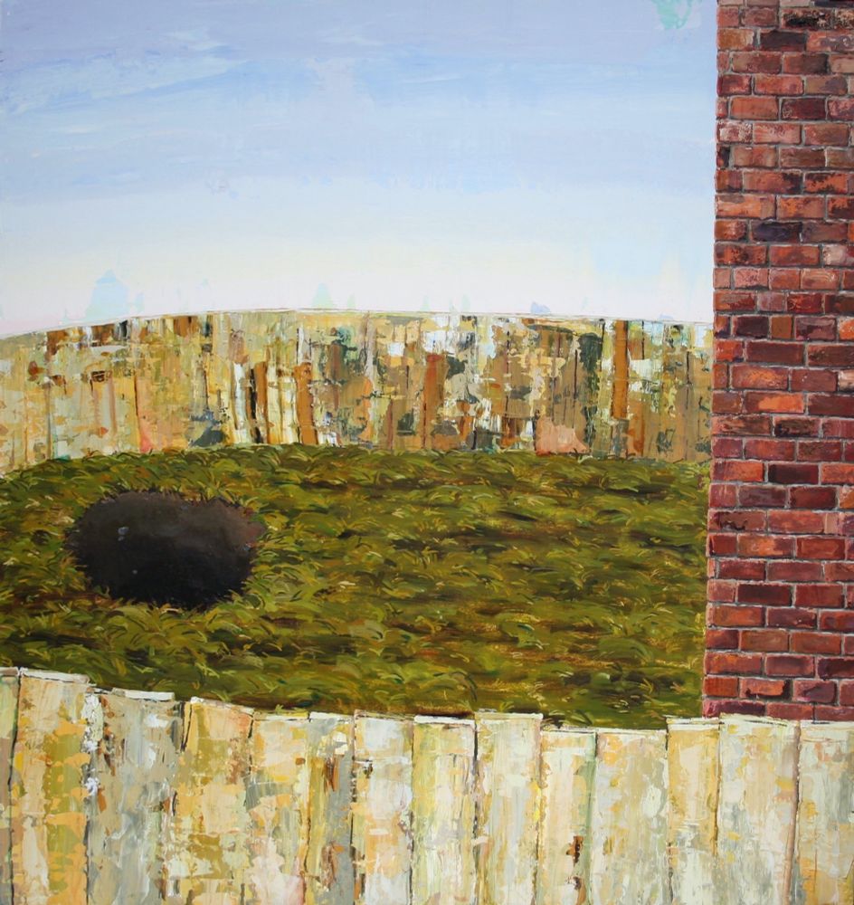 An overly simplified view of a portion of a neighboring property. A wood fence, brick wall, a bit of lawn and a hole.