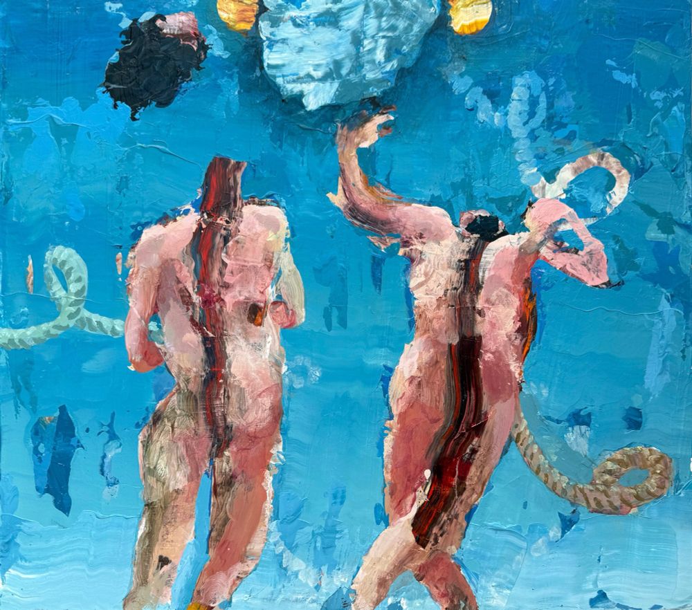 Two headless upright figures in unknown relation to each other on a blue background with the ghost of a rope moving towards the sky