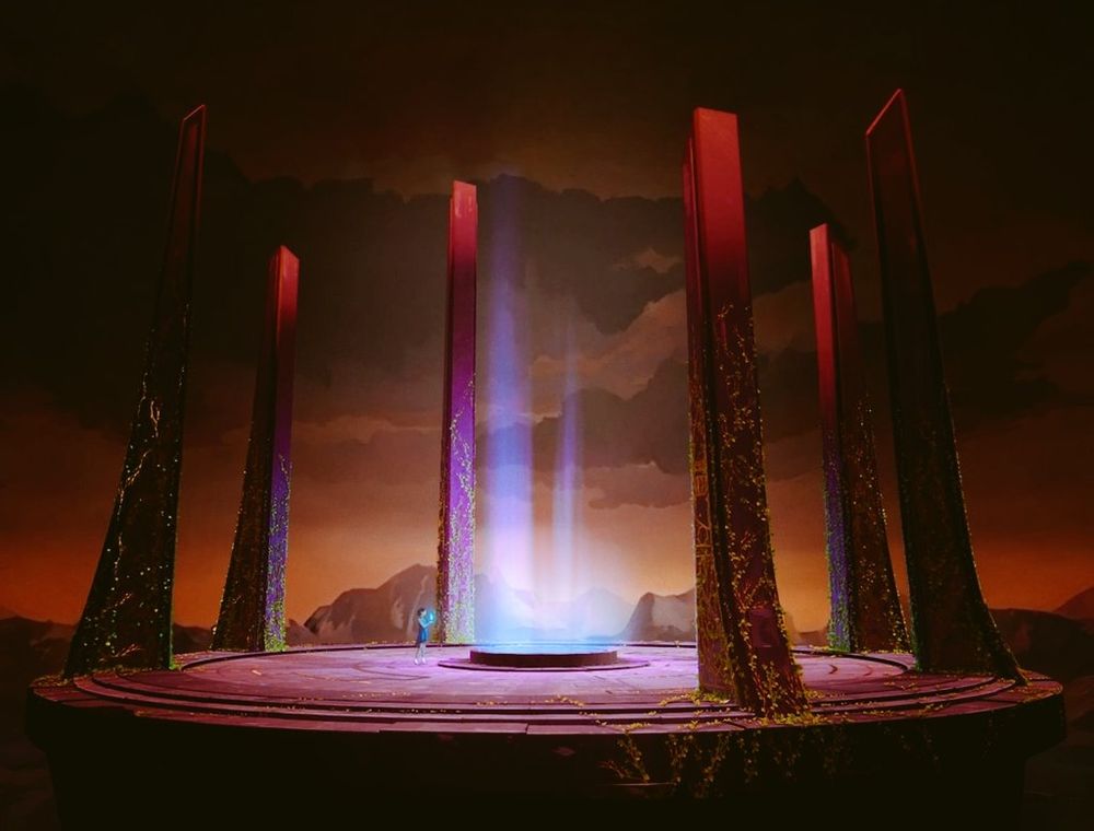 Polly, now the Aspiration Harmony, approaching an altar in Reverie at sunset - from Harmony: The Fall of Reverie