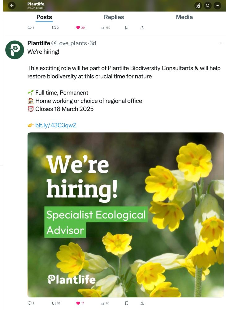 Screen shot of advert for job at Plantlife - all information is in the link in my post