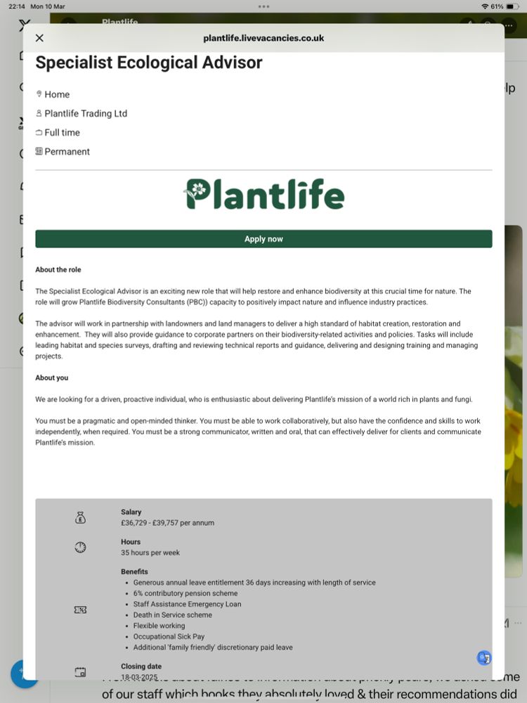 Screen shot of advert for job at Plantlife - all information is in the link in my post