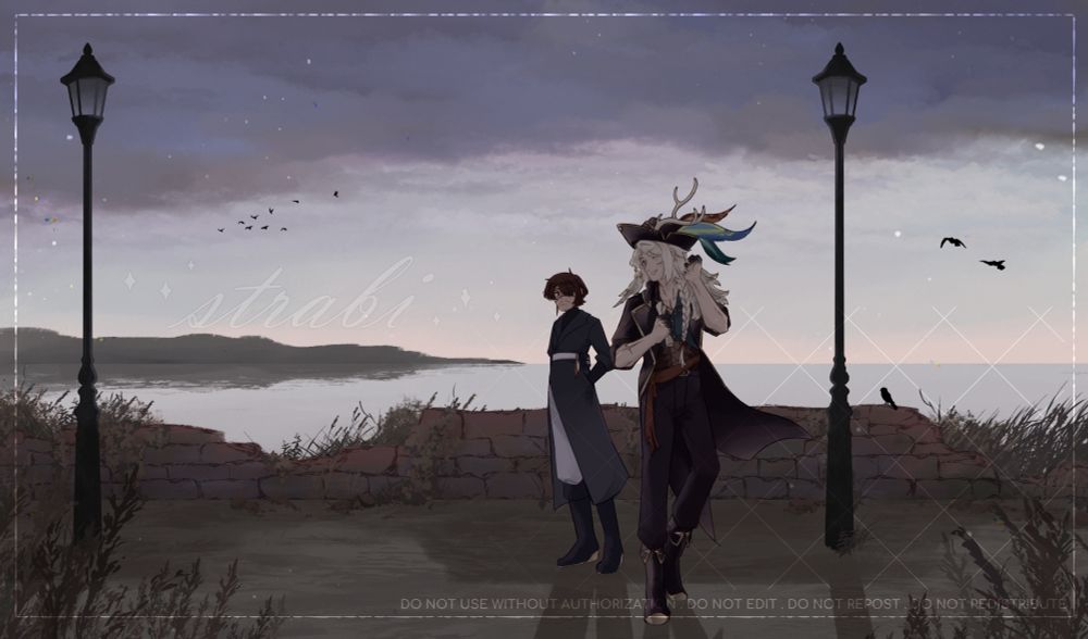 colored illustration of Harper standing behind Silurian, with Earl Gray (cockatiel) on his shoulder, under an ambient cloudy dawn besides a coast with clear waters. a broken brick wall and two lampposts and lots of weeds decorate the foreground. several birds can be seen flying in the sky.